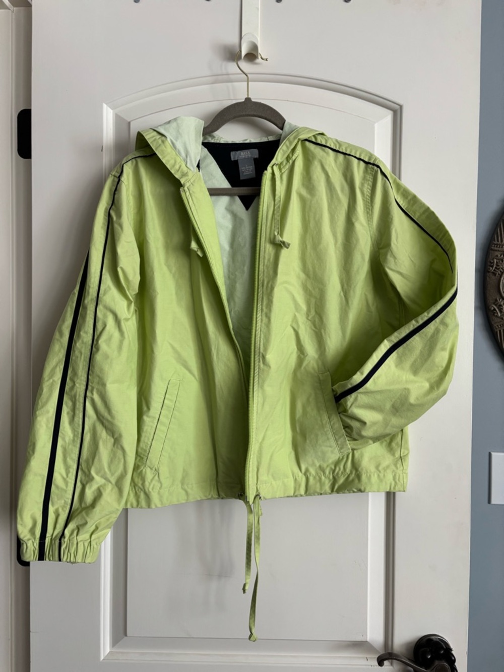 Light Green Hooded Windbreaker Jacket with Navy Stripe
